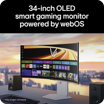34GX90SB-W UltraGear™ GX9s OLED 遊戲顯示器在弧形屏幕上顯示 webOS 介面，並設置在配備立體聲喇叭的桌面上。