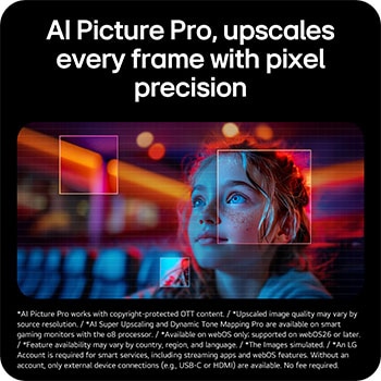 34GX90SB-W 此影像突顯 AI Picture Pro 技術，展示先進的升頻技術，透過提高清晰度、細節和像素水平的精準度，增強了每格畫面的清晰度。