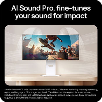 34GX90SB-W 此影像突顯 AI Sound Pro 技術，展示更佳音頻，以及更高的清晰度和平衡表現，帶來更沉浸式和更具影響力的音效體驗。