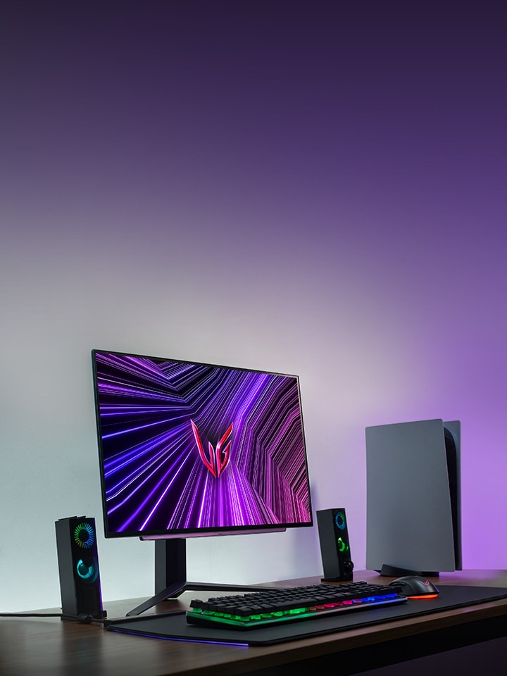 展示 LG UltraGear OLED 遊戲顯示器 27GS95QE 型號的遊戲設定圖像。