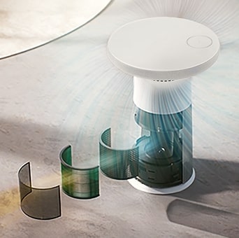 LG Aerospeaker 影像，顯示 360 度空氣淨化和濾網，彰顯潔淨空氣流通的潔淨設計。	