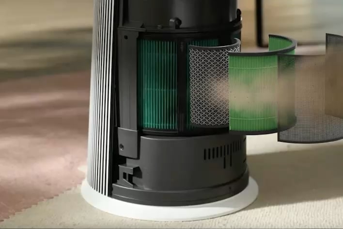 LG Aerospeaker V 型濾網系統影像，可去除微粒、異味和霉菌，讓室內空氣更潔淨。