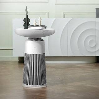 LG Aerospeaker 在時尚室內環境的影像，其用作邊桌，上面放有裝飾物品和書籍。