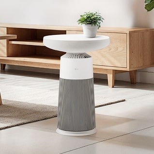 LG Aerospeaker 在現代客廳的影像，其用作側桌，上面放有小盆栽植物。	