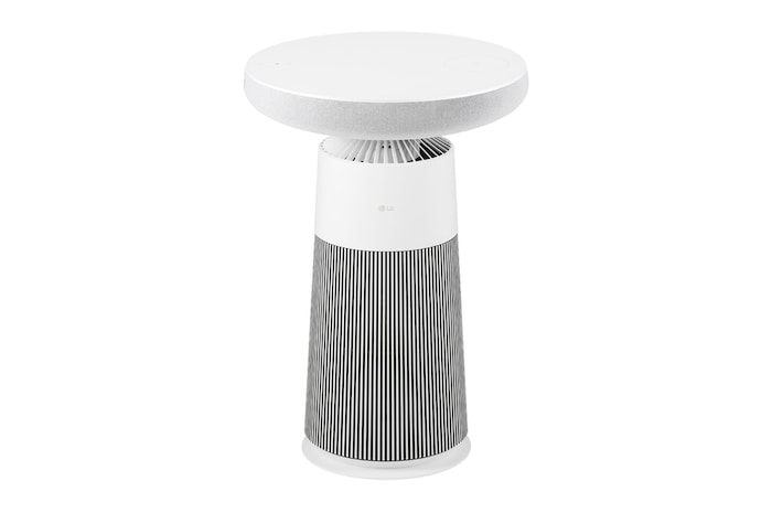 AF20SOUND LG Puricare™ AeroSpeaker 斜角正視圖，顯示白色頂部和黑色間條底座
