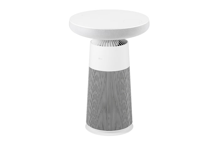 AF20SOUND LG Puricare™ AeroSpeaker 斜角側視圖，展示高聳纖幼的圓柱機身