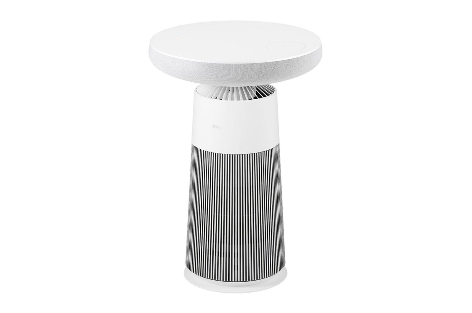 AF20SOUND LG Puricare™ AeroSpeaker 斜角側視圖，展示高聳纖幼的圓柱機身
