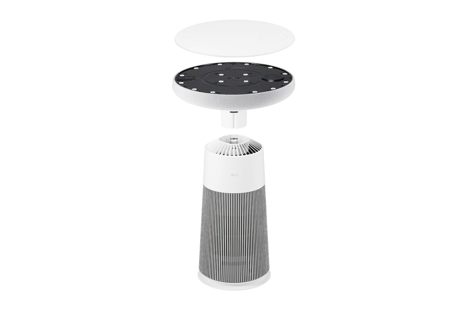 AF20SOUND LG Puricare™ AeroSpeaker 分解視圖，展示拆開的圓形頂部面板