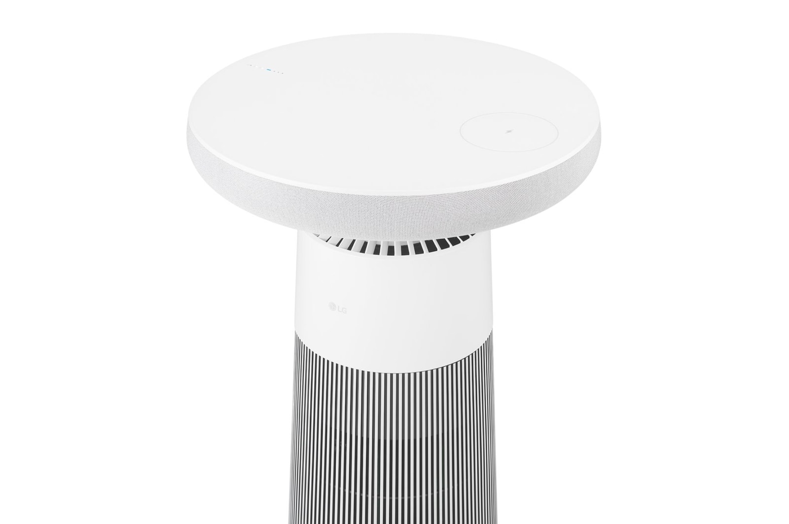 AF20SOUND LG Puricare™ AeroSpeaker 斜角上視圖，突出光滑頂部表面