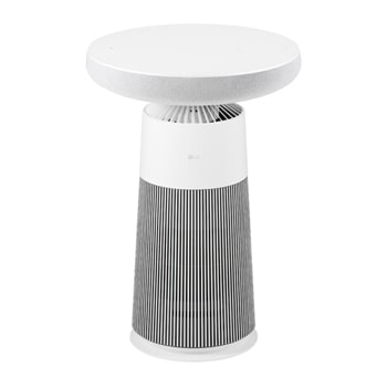 AF20SOUND LG Puricare™ AeroSpeaker 斜角正視圖，顯示白色頂部和黑色間條底座