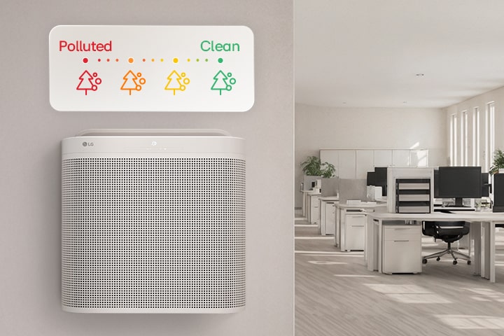 辦公室中的 LG 空氣清新機，配備從「污染」到「潔淨」的空氣質素顏色指示燈。
