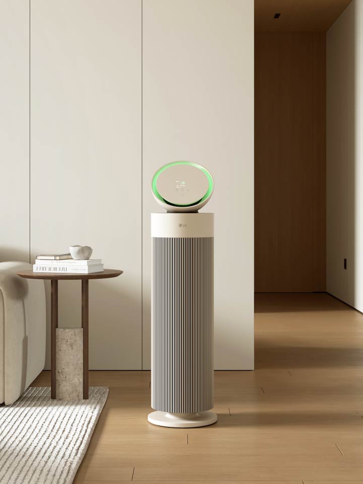 影片展示 LG 空氣清新機的高級設計，以精緻現代的美學風格，完美融入各種空間