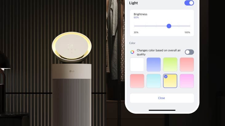 LG 空氣清新機配備氛圍燈光功能，方便用家透過 LG ThinQ 應用程式調節顏色及亮度