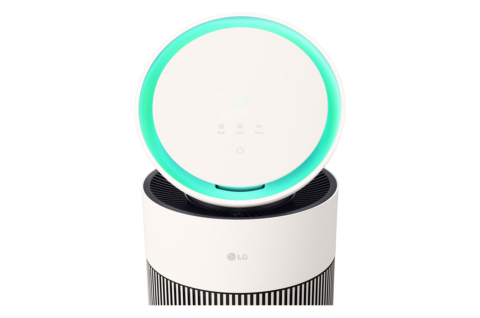 LG 空氣清新機頂部顯示屏特寫，空氣質素指示燈亮起。