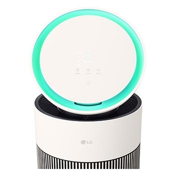 LG 空氣清新機頂部顯示屏特寫，空氣質素指示燈亮起。