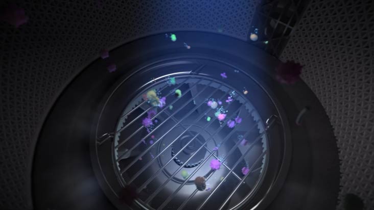 影片展示 LG 空氣清新機的 UVnano™ 功能，利用紫外線消除風扇上的細菌，改善氣流