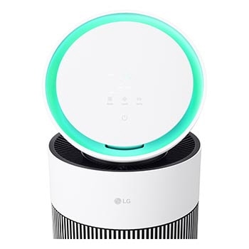 LG 空氣清新機頂部顯示屏特寫，空氣質素指示燈亮起。