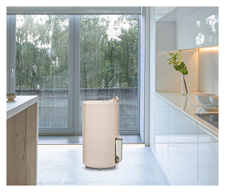 此影像主要呈現樺木白色的 LG Puricare™ Objet Collection 智能抽濕機，而背景是下着暴雨的廚房。