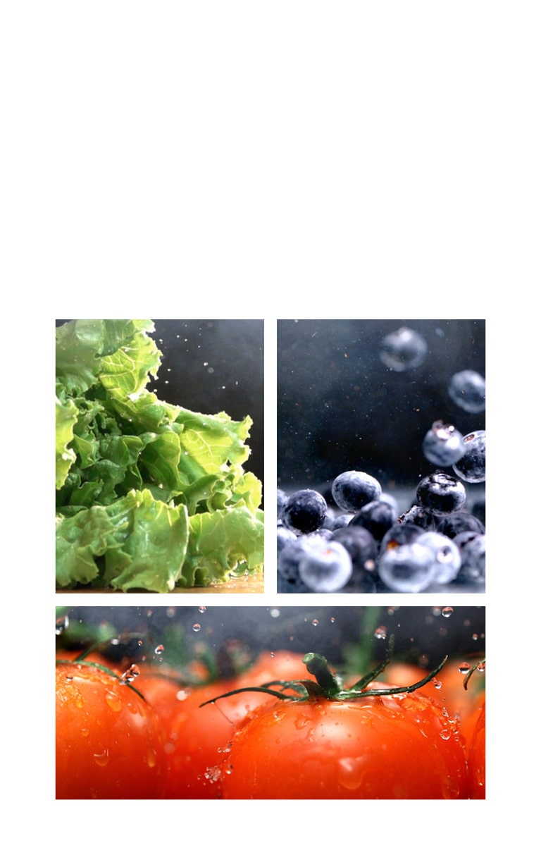 水滴從清爽綠葉生菜滴下的特寫影片,旁邊是水滴濺至新鮮紅色蕃茄的特寫影片,而其側邊是動態移動的水瑩藍莓的影片。