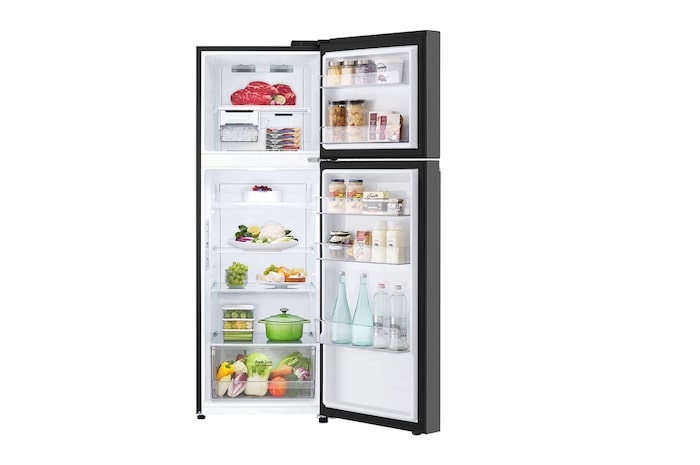 雪櫃打開的正視圖,顯示存放的食物