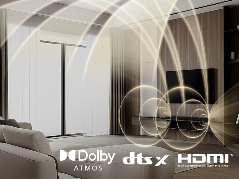 LG Sound Suite soundbar 在客廳帶來弧形聲波,配備 Dolby Atmos FlexConnect,支援電視的環迴立體聲效系統。