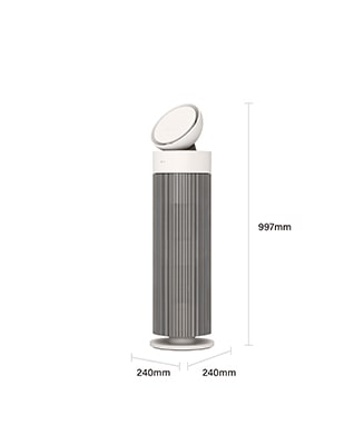 The sand beige LG AeroBooster air purifier with dimensions: 997mm in height, 240mm in width, and 240mm in depth.