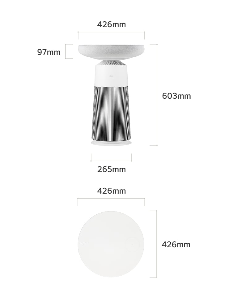 The essence white LG AeroSpeaker air purifier with dimensions of 603mm in height and 426mm in width, and 426mm in depth.