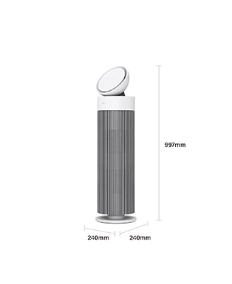 The essence white LG AeroBooster air purifier with dimensions: 997mm in height, 240mm in width, and 240mm in depth.