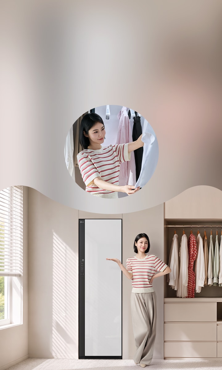 辛叡恩站在更衣室的 LG Styler 衣物護理機旁，畫面內嵌小圖展示她在使用 Styler 衣物護理機。