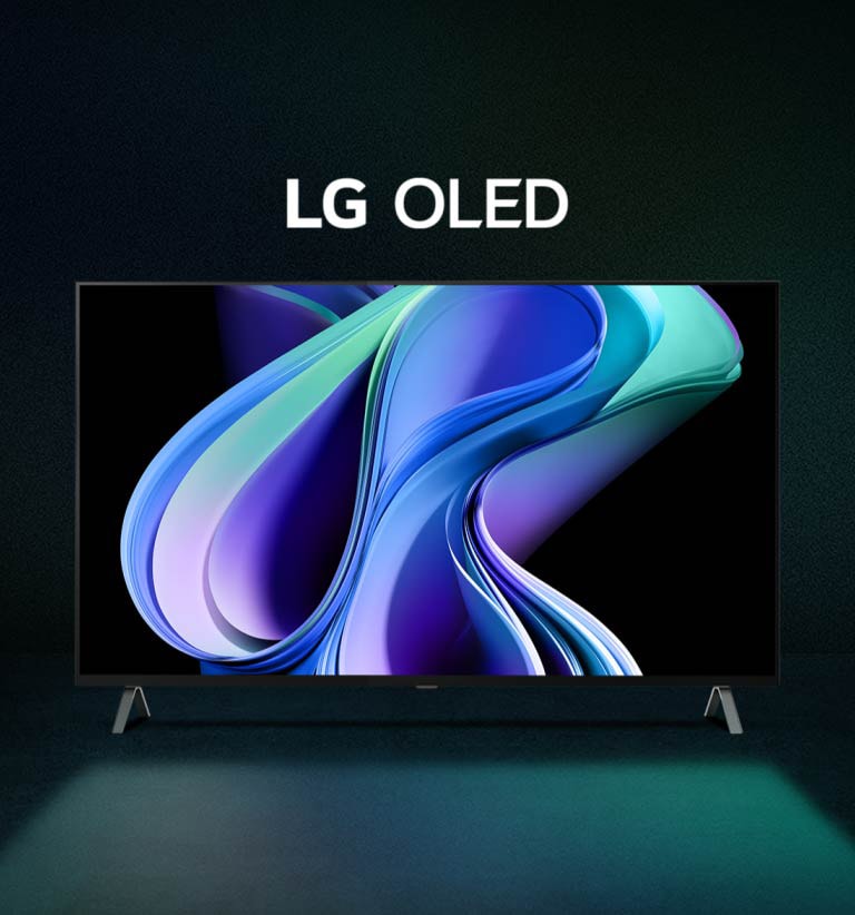LG OLED A3 的影片在黑色、藍色和綠色漸變背景中出現，螢幕上顯現出類似的彩色抽象藝術作品。影像放大，LG OLED 字樣呈白色。