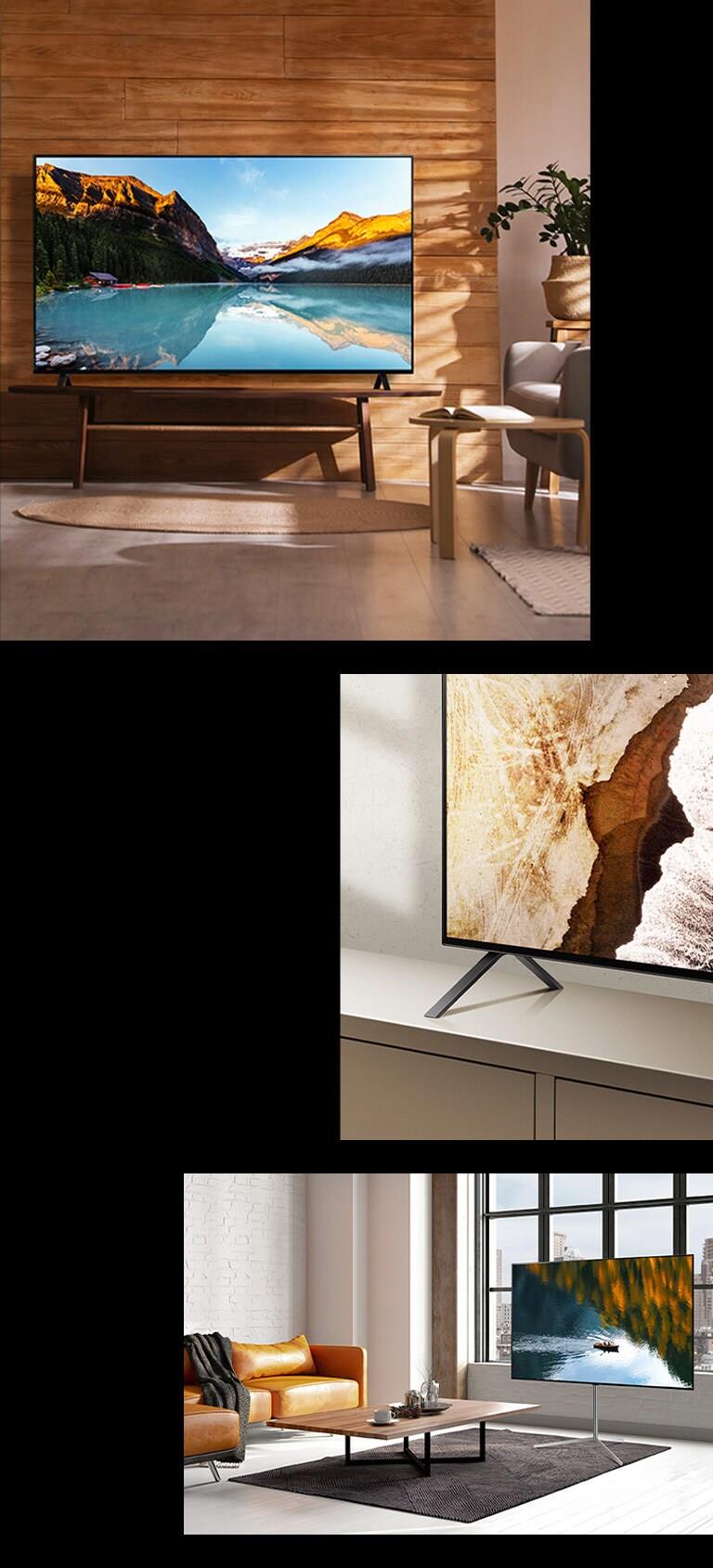 影像顯示配備座地架的 LG OLED A3，在窗前俯瞰城市。LG OLED A3 位於現代風格房間的墻壁上。LG OLED A3 底座的底角。