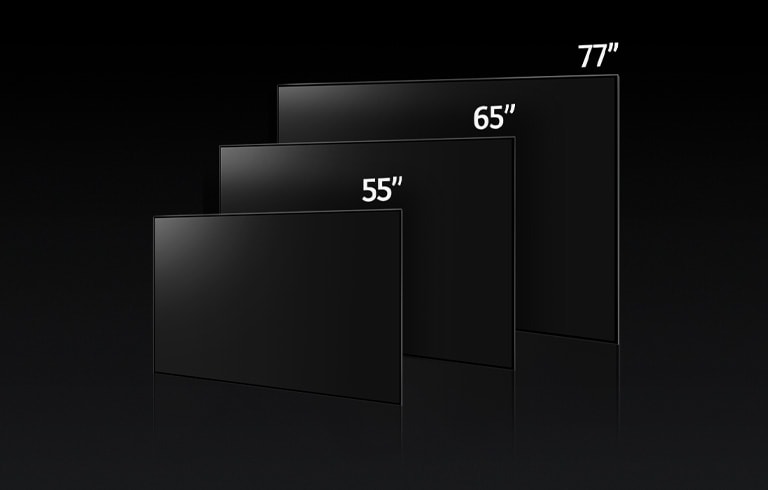 圖片比較 LG OLED G3 的不同尺寸，顯示 55 吋、65 吋及 77 吋。