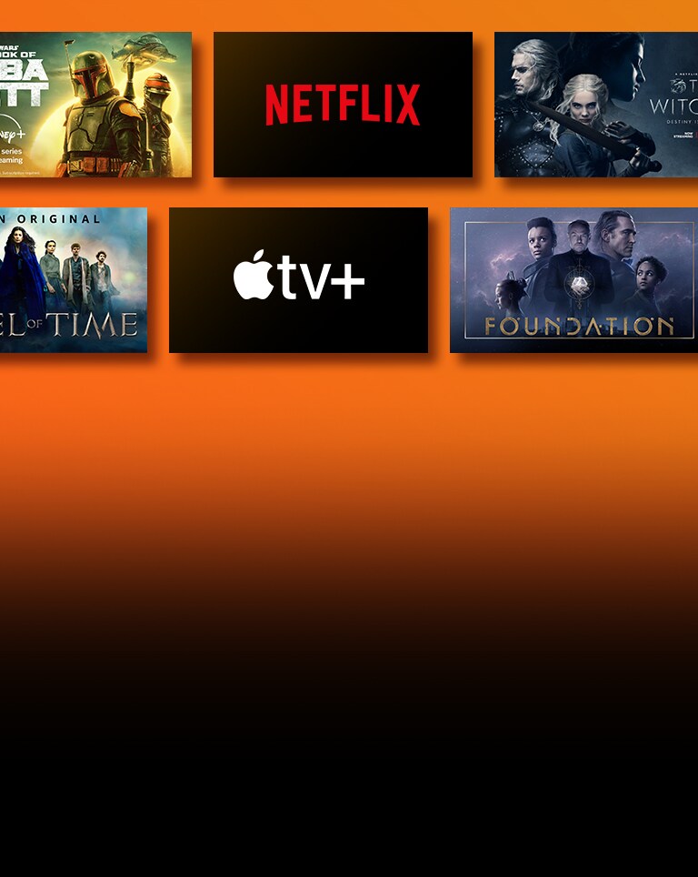 每個標誌旁邊都有流媒體服務平台的標誌和匹配的鏡頭。 Netflix《紙房子》和《獵魔士》。 Disney《波巴費特之書》。 Prime Video 《冷血悍將》和《時光之輪》。 《OneUs》 預告圖像。 Apple TV Plus  《基地》 和 《芬奇的旅程》。