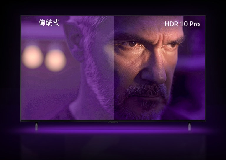 有位男士在外面凝視，看似很生氣。圖片分為兩半圖片左半暗淡無光，色彩不太鮮艷；圖片右半更加明亮多色。左上角寫著「傳統式」，右上角寫著「HDR 10 PRO」。