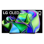 Front view with LG OLED evo and 10 Years World No.1 OLED Emblem on screen, as well as the Soundbar below. 