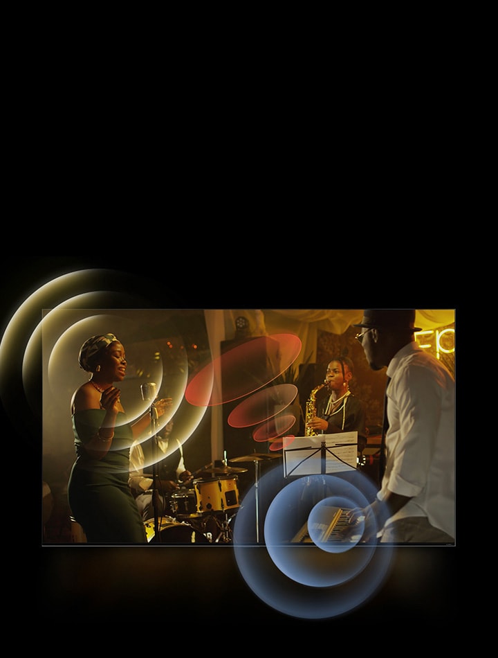 LG 電視正在展示音樂家表演，空間周圍有明亮的圓形圖形。