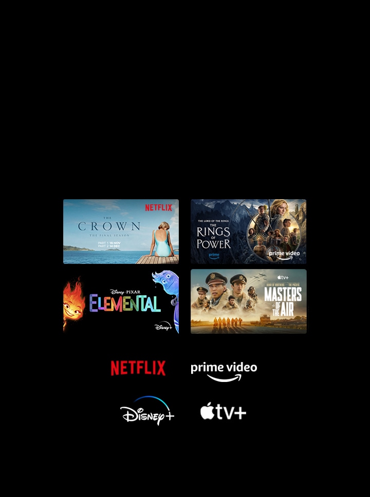 顯示四個電影和電視節目的縮圖，下方是 Netflix、Prime Video、Disney+ 和 Apple TV+ 的標誌。