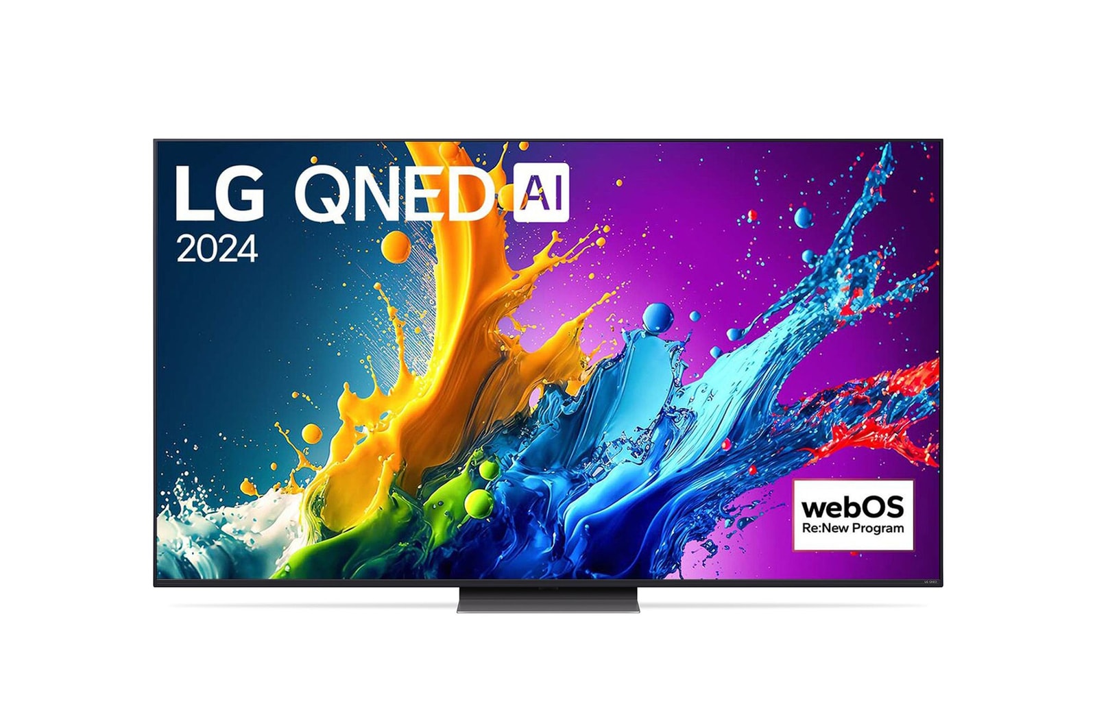 LG QNED80 4K 智能電視的正面圖，螢幕上顯示文字「LG QNED, 2024」和 webOS Re:New 計劃標誌