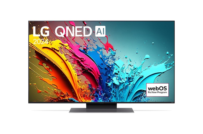 LG QNED86 4K 智能電視的正面圖，螢幕上顯示文字「LG QNED, 2024」和 webOS Re:New Program 標誌