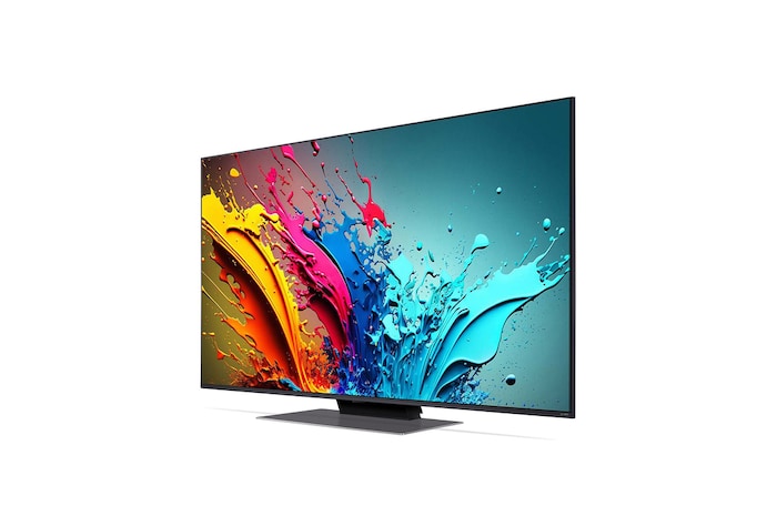 LG QNED86 4K 智能電視稍微傾斜向左的側面圖