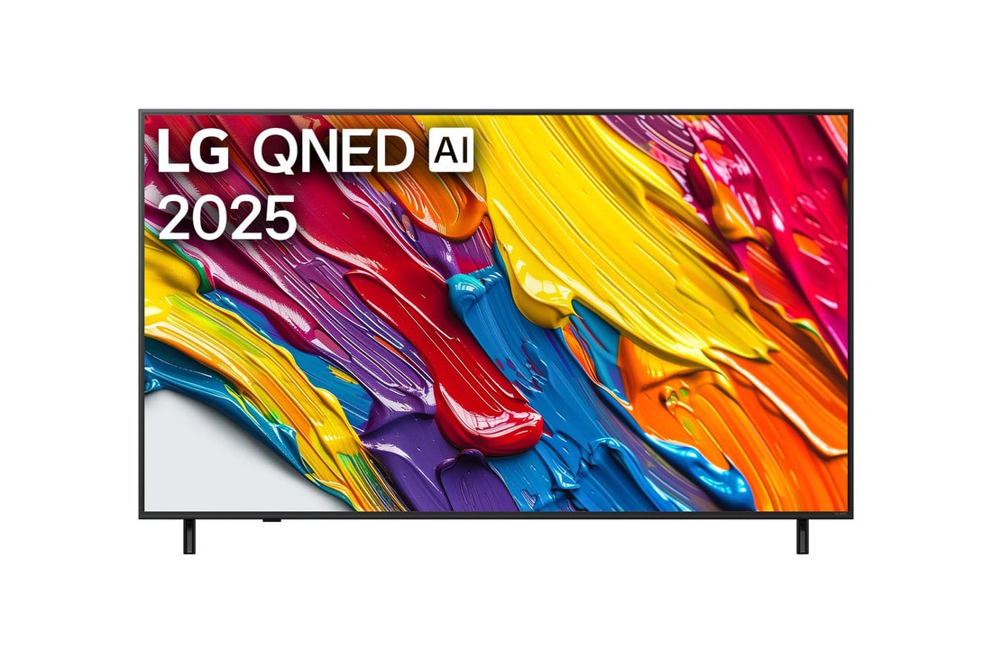LG QNED82 電視的正視圖，上方角落有 LG QNED Al Logo。LG QNED 電視上描繪著色彩繽紛的顏料紋理。