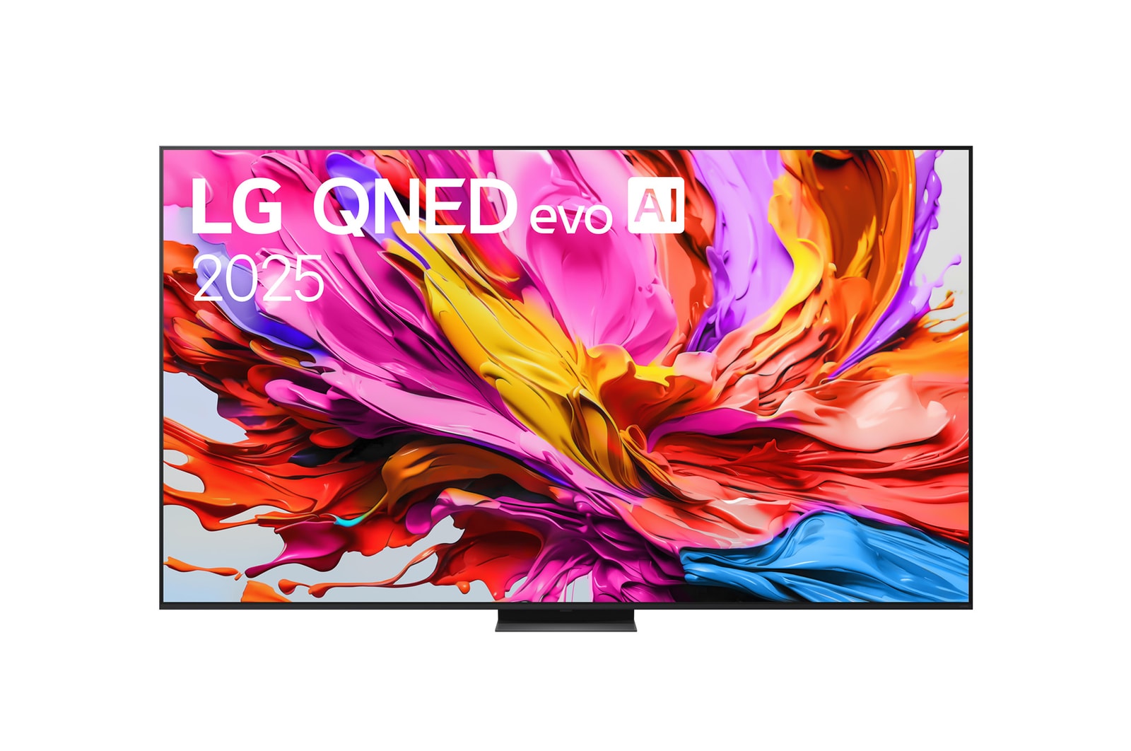 LG QNED evo QNED86 電視的正視圖，上方角落有 LG QNED evo Al Logo。LG QNED evo QNED86 電視上描繪著色彩繽紛的顏料紋理。