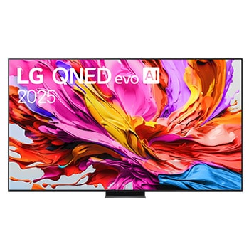LG QNED evo QNED86 電視的正視圖，上方角落有 LG QNED evo Al Logo。LG QNED evo QNED86 電視上描繪著色彩繽紛的顏料紋理。