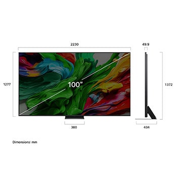 LG QNED evo AI QNED86 4K 智能電視的正視圖和側視圖，顯示其長度、寬度、高度及深度尺寸。