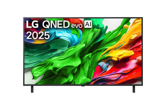 LG QNED evo QNED85 電視的正視圖,上方角落有 LG QNED evo Al Logo。LG QNED evo QNED85 電視上描繪著色彩繽紛的顏料紋理。