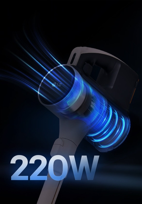 LG 吸塵機具備 220W 吸力,透過藍色氣流具體顯示其高性能清潔。