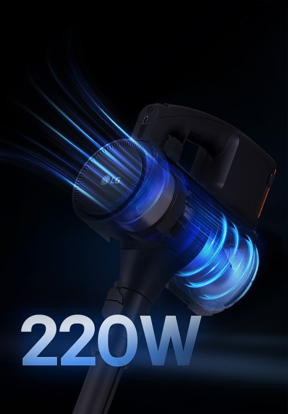 LG 吸塵機具備 220W 吸力，透過藍色氣流具體顯示其高性能清潔。