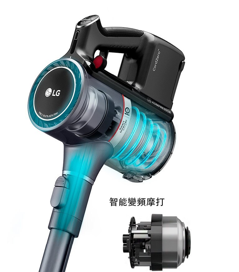 手提式吸塵機的手柄區域置於左側,而智能變頻摩打™ 則在機器外部的右側。