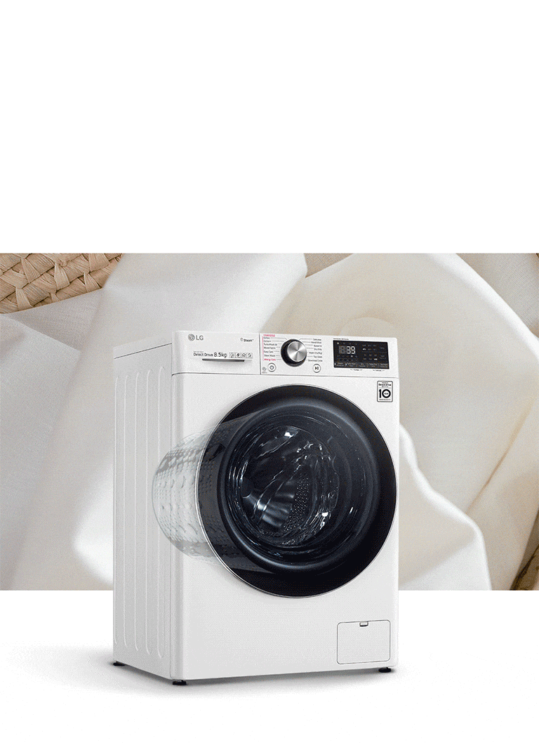 LG 前置式洗衣機,透明門和數碼控制面板,置於白色布料和籃織背景前,突出簡約設計。