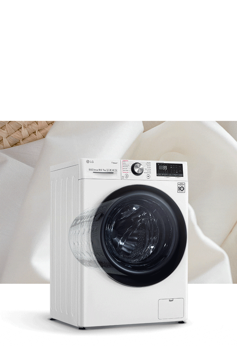 LG 洗衣機正面展示,左側透明窗內有旋轉水流,背景是白色布料和籃子。